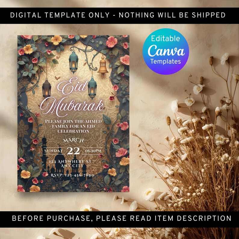 Elegant Eid celebration invitation template Ramadan lantern design editable Canva invite