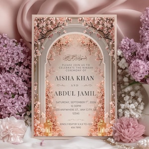 May include: A wedding invitation with a floral arch design. The invitation features the names Aisha Khan and Abdul Jamil, with event details. The design includes pink blossoms, gold lanterns, and the text "Please join us to celebrate the Nikaah ceremony of".