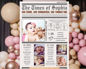Newspaper Style 1st Birthday Welcome Sign, Milestone Poster (Digital Download)