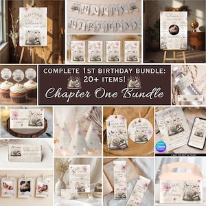 May include: A selection of party decorations with a floral and butterfly design. Includes a welcome sign, banner, cupcake toppers, food labels, tags, and other items. The text "Chapter One Bundle" is visible.