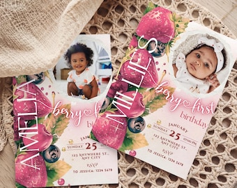 Berry First Birthday Invitation Template, Strawberry Photo Invite, Editable Canva (Digital Download)