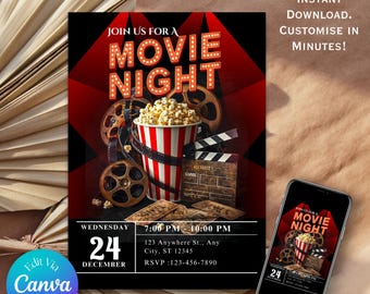Movie Night Party Invitation. Cinema Blockbuster Sleepover Birthday Invite. Vintage Film Movies Evite. Canva Template