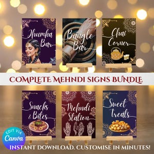Indian Mehndi Signs Bundle for Desi Weddings, Sangeet, Dholki, Haldi. Jhumka, Bangle Bar, Mehndi Station. Mehendi Decor. Editable Templates
