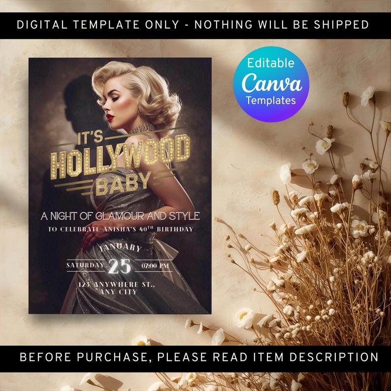 Hollywood Glam Birthday Invitation Template, Old Hollywood Party Invite ...