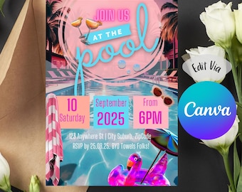 Retro Pool Party Invitation: Colorful Swim Party, Editable Canva Template (Digital Download)