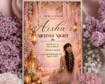 Invitación Mehndi floral en rosa pastel, elegante invitación de boda india (descarga digital)