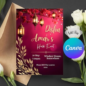 Elegant Mehndi Holud Invitation Template. Maroon & Gold Digital Invite. Editable Canva Download. Lantern Leaf Design. Classy Desi E-Card