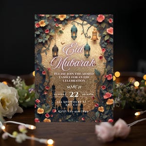Elegant Eid celebration invitation template Ramadan lantern design editable Canva invite