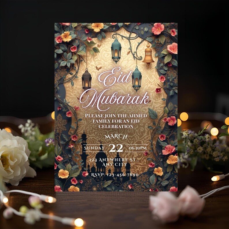 Elegant Eid celebration invitation template Ramadan lantern design editable Canva invite