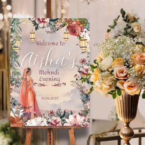 Tablero de bienvenida de Mehndi editable para eventos de Sangeet y Mehndi - Decoración rústica floral para bodas indias - Letrero tradicional para fiesta Holud Dholki.