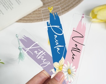 Gepersonaliseerde bladwijzer geboortebloem: aangepaste acrylnaam met kwastje