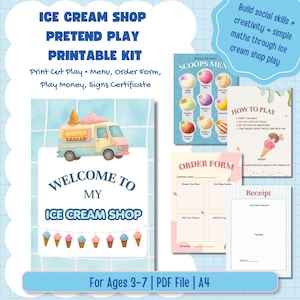 May include: A printable ice cream shop pretend play kit for ages 3-7. Includes a menu, order form, play money, and signs. The kit features an ice cream truck illustration and instructions for play.