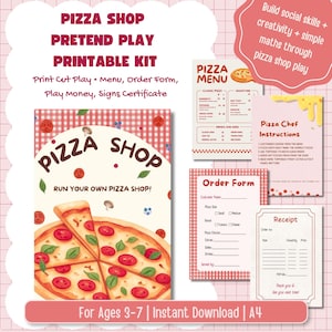 May include: A printable pizza shop pretend play kit with a menu, order form, and signs. The main sign says "Pizza Shop" with a pizza graphic. Includes instructions, a receipt, and a menu. For ages 3-7.