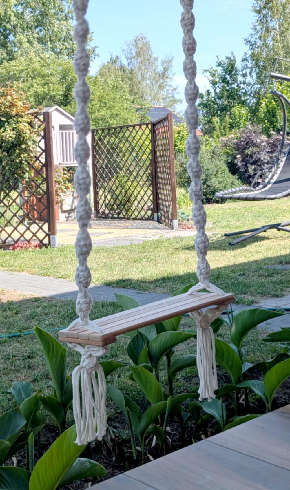 Boho Macrame Swing Chair with Wooden Seat – Handmade Indoor/Outdoor Garden Swing
