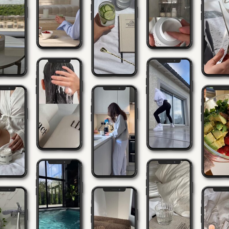 May include: A collection of smartphone screens showing lifestyle images. Scenes include food preparation, exercise, and beauty routines. Other images show reading, a swimming pool, and a table setting.