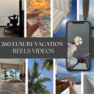 Luxury tropical vacation stock video bundle for faceless reels, featuring beaches, palm trees, and sunsets