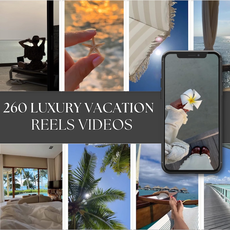Luxury tropical vacation stock video bundle for faceless reels, featuring beaches, palm trees, and sunsets