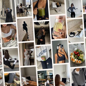 May include: A collage of images featuring wellness and lifestyle themes. The images include healthy food, drinks, workout attire, and people engaged in fitness activities. The color palette is neutral with pops of green and pink.