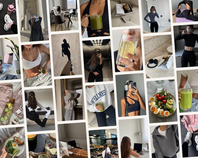 May include: A collage of images featuring wellness and lifestyle themes. The images include healthy food, drinks, workout attire, and people engaged in fitness activities. The color palette is neutral with pops of green and pink.