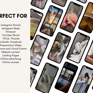 May include: A collection of smartphones showing lifestyle imagery. The text "PERFECT FOR" is displayed, followed by a list of social media platforms and content types, including Instagram, Pinterest, and online courses.