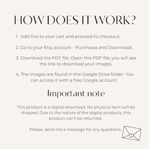May include: A cream-coloured digital download instruction sheet with black text. The text includes the title "HOW DOES IT WORK?" followed by numbered steps on how to download the product. An "Important note" section clarifies the product is a digital download. An envelope graphic is in the bottom right.
