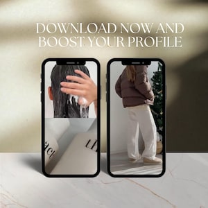 May include: Two smartphones displaying images. One shows a person washing their hair with shampoo, and the other shows a person wearing a brown puffer jacket and white trousers. The text "DOWNLOAD NOW AND BOOST YOUR PROFILE" is at the top.