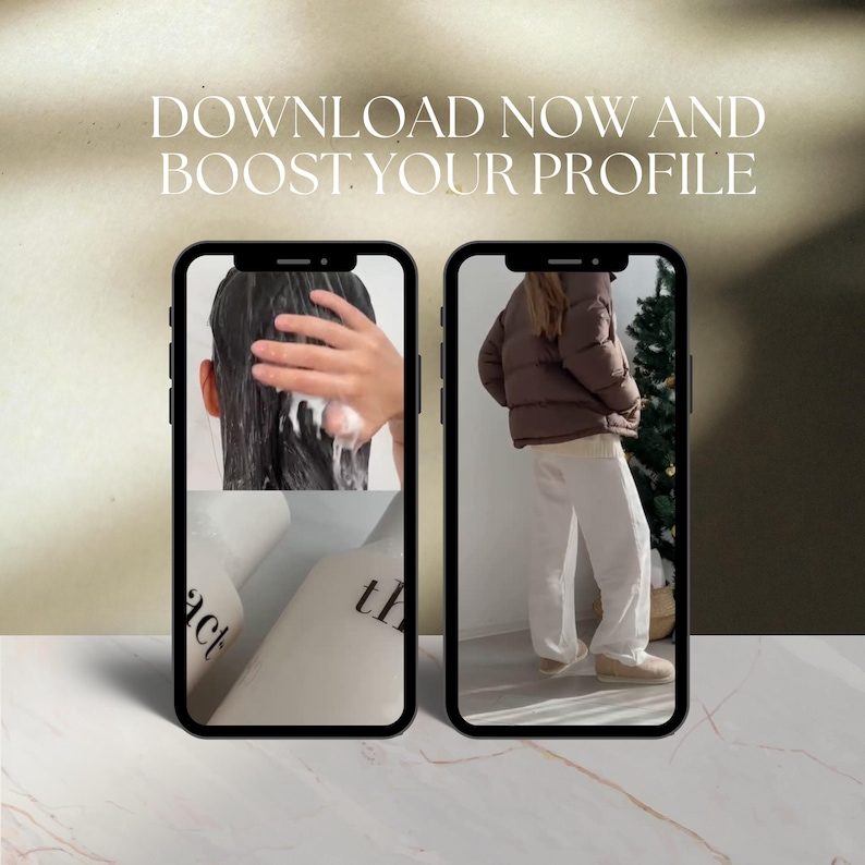 May include: Two smartphones displaying images. One shows a person washing their hair with shampoo, and the other shows a person wearing a brown puffer jacket and white trousers. The text "DOWNLOAD NOW AND BOOST YOUR PROFILE" is at the top.