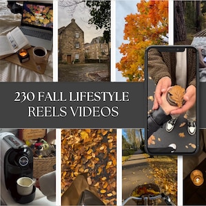 May include: A digital collection of 230 fall lifestyle reels videos featuring various autumn scenes including a laptop with fall imagery, stone buildings, orange maple leaves, a coffee machine, fallen leaves, and a smartphone displaying a leaf.
