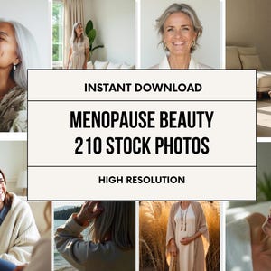 Könnte beinhalten: Eine Collage von Bildern mit reifen Frauen. Das zentrale Bild zeigt den Text "INSTANT DOWNLOAD MENOPAUSE BEAUTY 210 STOCK PHOTOS HIGH RESOLUTION". Die umliegenden Fotos zeigen Frauen in verschiedenen Umgebungen, darunter Porträts und Lifestyle-Aufnahmen.