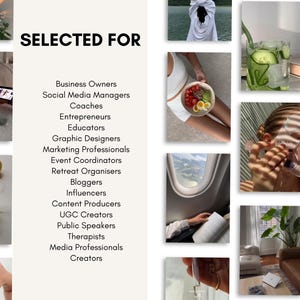 May include: A collection of lifestyle photographs featuring food, travel, and interior design. The text "SELECTED FOR" is displayed above a list of professions, including Business Owners, Social Media Managers, and Educators. The images have a clean, modern aesthetic.