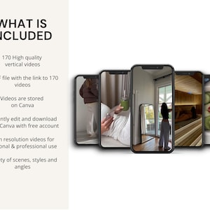 May include: The image presents five smartphones displaying lifestyle scenes. Text at the top reads "WHAT IS INCLUDED", detailing 170 vertical videos, a PDF file, and Canva editing features. The content is designed for personal and professional use, with a variety of scenes.