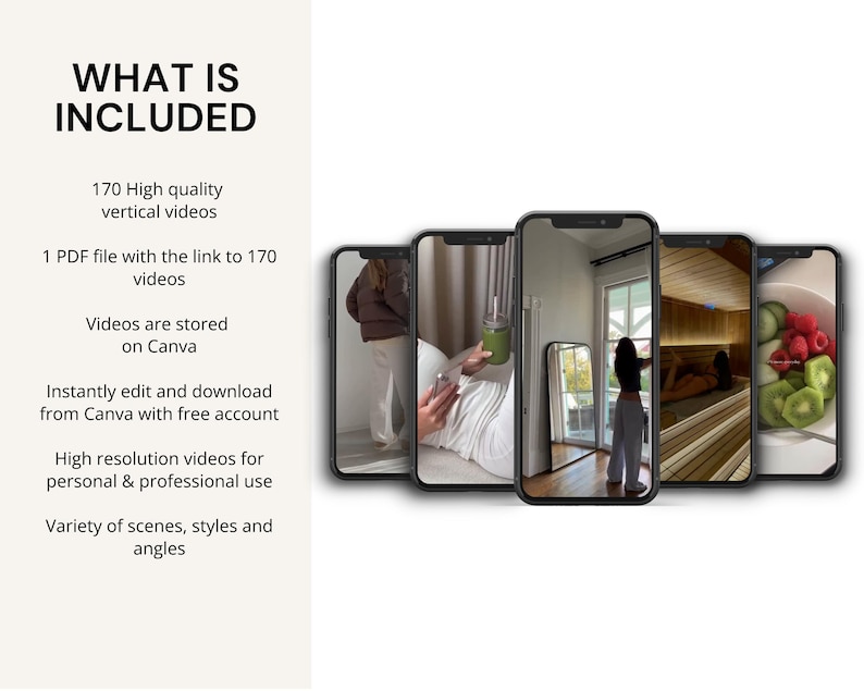 May include: The image presents five smartphones displaying lifestyle scenes. Text at the top reads "WHAT IS INCLUDED", detailing 170 vertical videos, a PDF file, and Canva editing features. The content is designed for personal and professional use, with a variety of scenes.