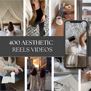 Pode incluir: Uma colagem de imagens de estilo de vida com uma paleta de cores neutras. As imagens incluem uma pessoa na cama, uma pessoa trabalhando em um laptop e pessoas andando na rua. O texto "400 AESTHETIC REELS VIDEOS" é exibido.