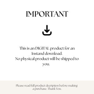 May include: A white background with the word "IMPORTANT" in a bold font. A downward-pointing arrow icon is below the word. Text indicates this is a digital product for instant download, with no physical product shipped.