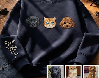 Custom Embroidered Pet Portrait Sweatshirt, Personalized Cat Dog Memorial Crewneck