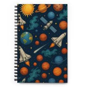 Solar System Spiral Notebook – Rocket & Planet Print | Space Science School Journal