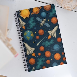 Solar System Spiral Notebook – Rocket & Planet Print | Space Science School Journal