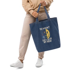 Trippy Smiley Face Denim Tote: Organic Cotton Surreal Streetwear
