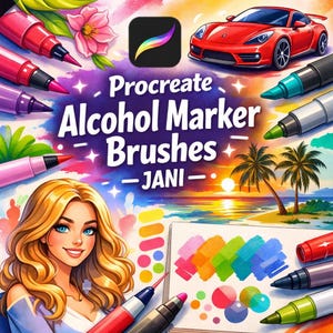 May include: A vibrant digital artwork showcasing a woman with blonde hair, alongside alcohol markers. The image promotes "Procreate Alcohol Marker Brushes", with a red sports car and a sunset scene in the background.