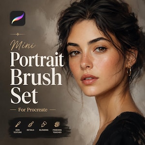 May include: A digital product advertisement for a Mini Portrait Brush Set for Procreate. The image features a portrait of a person with brown hair and eyes, alongside text that reads Mini Portrait Brush Set For Procreate, Skin Texture, Details, Blending, and Finishing Touches.