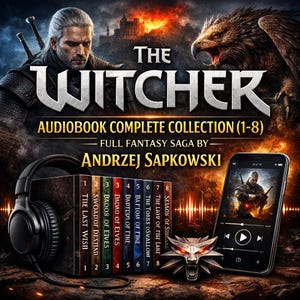 Puede incluir: Colección completa de audiolibros de The Witcher (1-8) de Andrzej Sapkowski. La imagen presenta una pila de libros, un smartphone y auriculares. Los lomos de los libros son coloridos y el teléfono muestra una imagen de Witcher. El logo de Witcher está abajo.