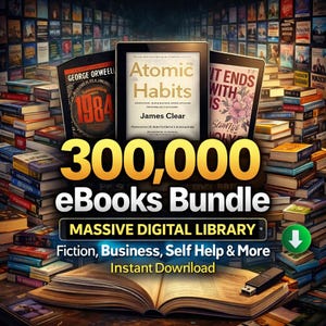 May include: An advertisement for a digital eBook bundle. The image features three e-readers displaying book covers, stacked on piles of books. Bold text reads "300,000 eBooks Bundle" with the words "Massive Digital Library" and "Instant Download".
