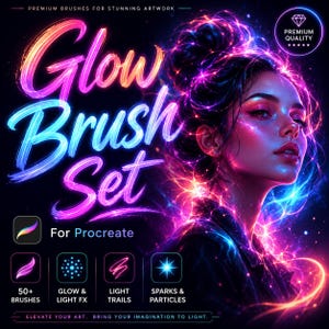 May include: A digital brush set for Procreate titled Glow Brush Set, featuring a portrait of a person surrounded by neon pink and blue light effects. The graphic includes text indicating 50+ brushes, glow and light effects, light trails, and sparks.