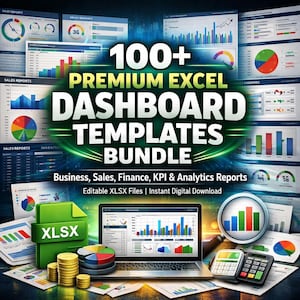 Paquete de más de 100 plantillas de panel de control de Excel / Ventas, finanzas, KPI y análisis / XLSX editable