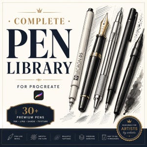 Puede incluir: Una colección digital titulada COMPLETE PEN LIBRARY FOR PROCREATE que incluye 30+ PREMIUM PENS. El gráfico muestra cinco ilustraciones de bolígrafos, incluyendo un Micron 05, una pluma estilográfica y bolígrafos técnicos, con muestras de trazos.