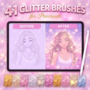 Może przedstawiać: Cyfrowa ilustracja przedstawiająca tablet z obrazem kobiety z długimi włosami przed i po. Tekst brzmi "41 Glitter Brushes for Procreate". Poniżej tabletu znajdują się próbki kolorów brokatu i biały rysik.