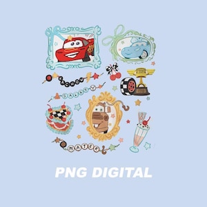 May include: A collection of cartoon car-themed digital graphics on a light blue background. The image includes framed illustrations of a red race car and a blue car, along with other decorative elements like a trophy, cake, and milkshake. The text "PNG DIGITAL" is at the bottom.