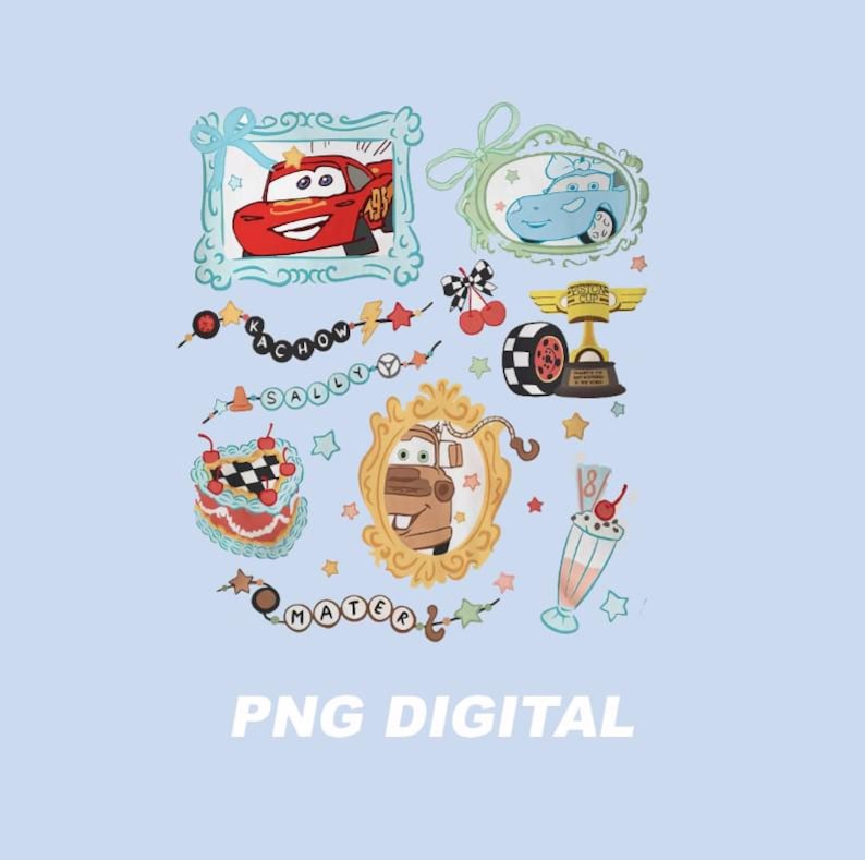 May include: A collection of cartoon car-themed digital graphics on a light blue background. The image includes framed illustrations of a red race car and a blue car, along with other decorative elements like a trophy, cake, and milkshake. The text "PNG DIGITAL" is at the bottom.
