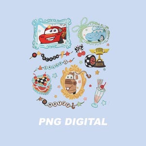 May include: A collection of cartoon car-themed digital graphics on a light blue background. The image includes framed illustrations of a red race car and a blue car, along with other decorative elements like a trophy, cake, and milkshake. The text "PNG DIGITAL" is at the bottom.