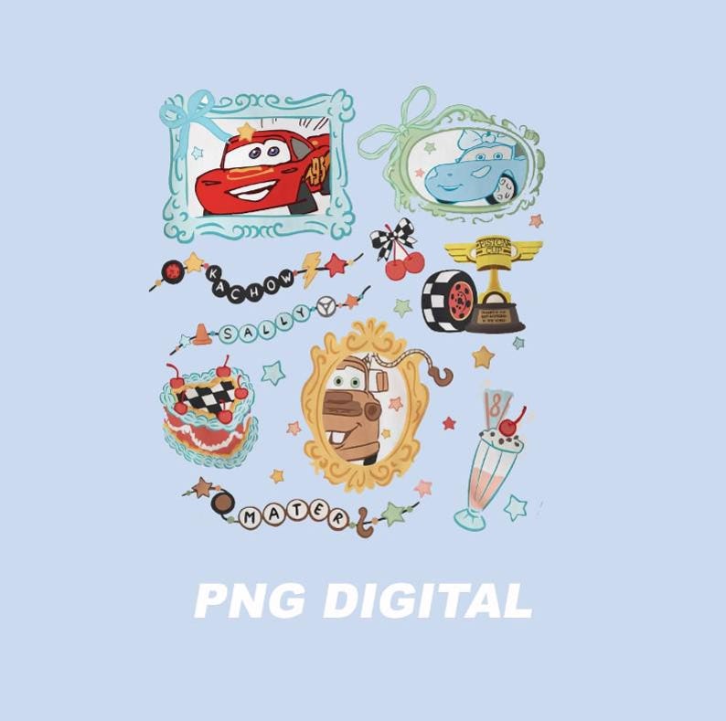 May include: A collection of cartoon car-themed digital graphics on a light blue background. The image includes framed illustrations of a red race car and a blue car, along with other decorative elements like a trophy, cake, and milkshake. The text "PNG DIGITAL" is at the bottom.
